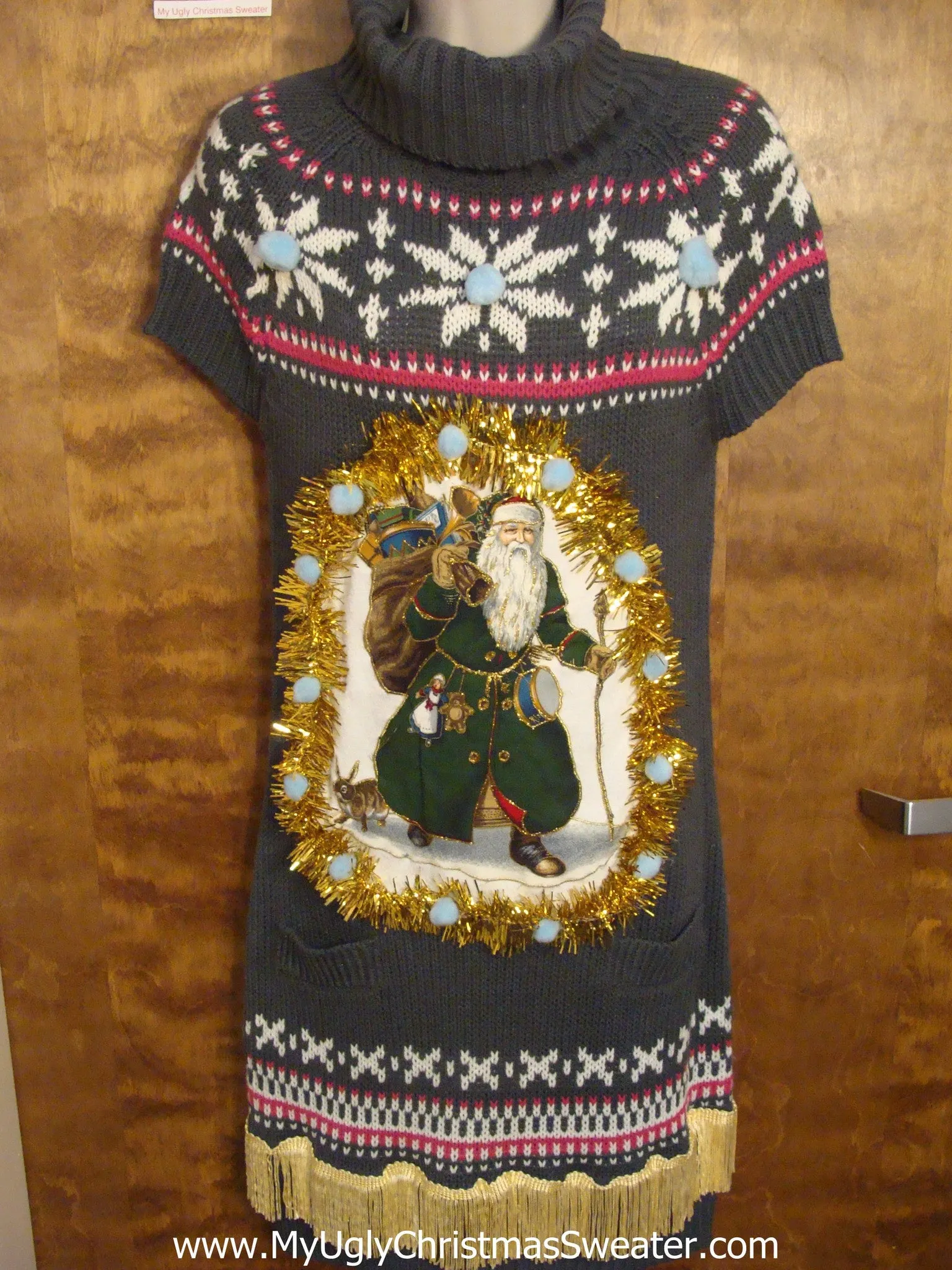 Grey Nordic Christmas Dress with Vintage Santa