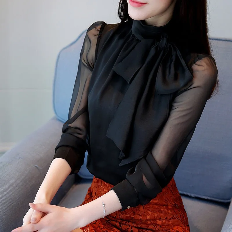 Joskaa New Summer Fashion Tunic Women Blouse Shirts Long Sleeve Tie Bow Chiffon Turtleneck Formal Women White Black Shirts 0599 30