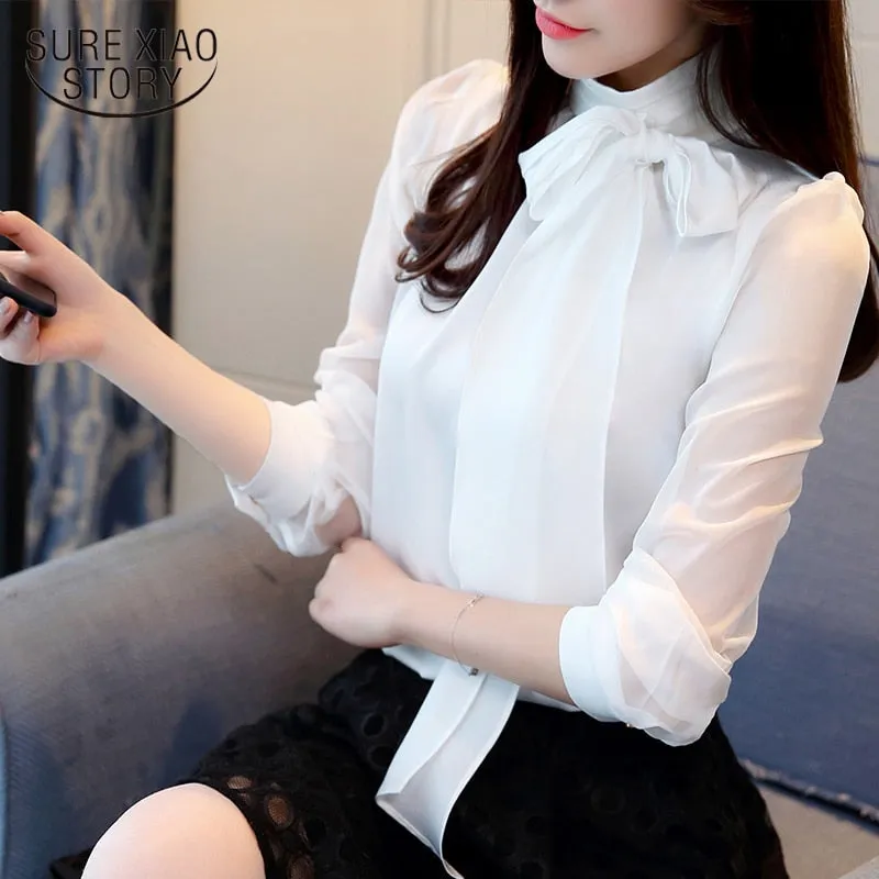 Joskaa New Summer Fashion Tunic Women Blouse Shirts Long Sleeve Tie Bow Chiffon Turtleneck Formal Women White Black Shirts 0599 30
