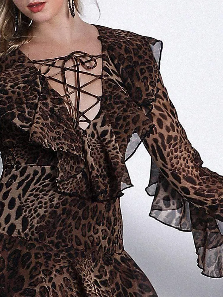 Leopard Chiffon Cross Ribbon High-Low Dress