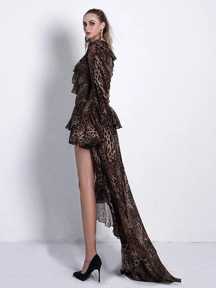 Leopard Chiffon Cross Ribbon High-Low Dress