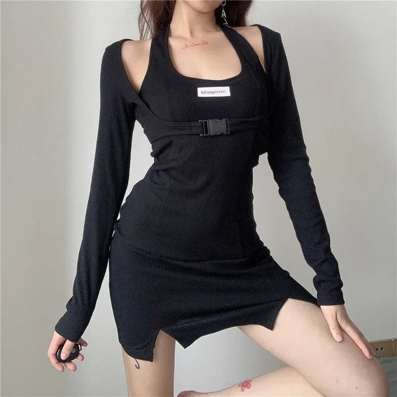 Letter print baggy buckled umbilical cord 3 pc set T-shirt vest Skirt Street Hipster