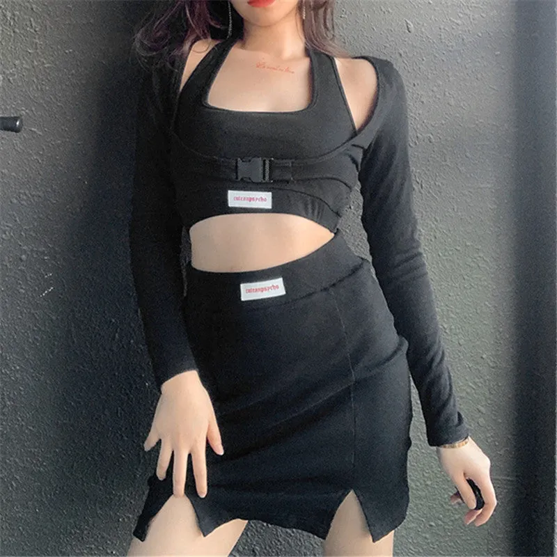Letter print baggy buckled umbilical cord 3 pc set T-shirt vest Skirt Street Hipster