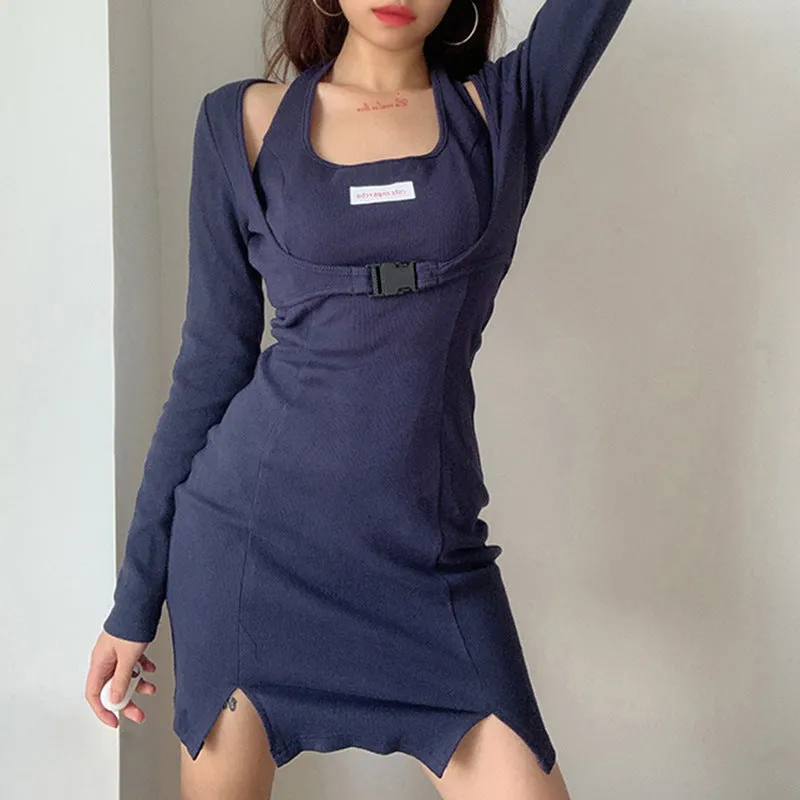 Letter print baggy buckled umbilical cord 3 pc set T-shirt vest Skirt Street Hipster