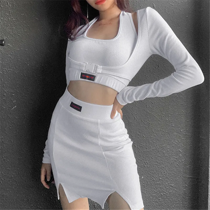 Letter print baggy buckled umbilical cord 3 pc set T-shirt vest Skirt Street Hipster