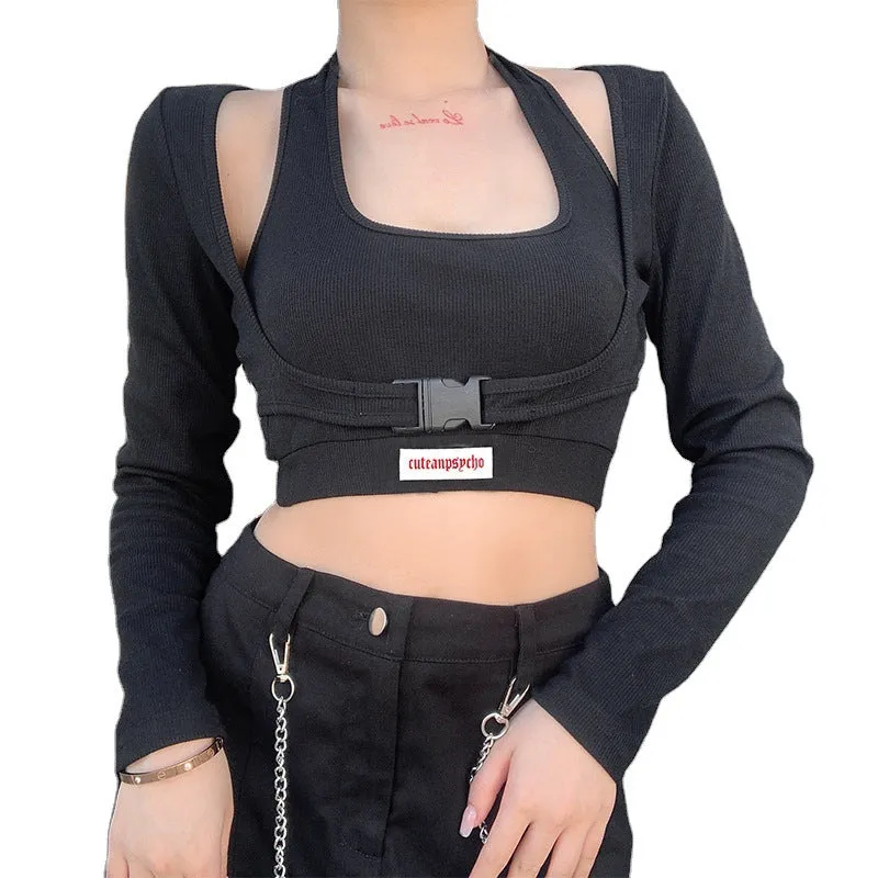 Letter print baggy buckled umbilical cord 3 pc set T-shirt vest Skirt Street Hipster