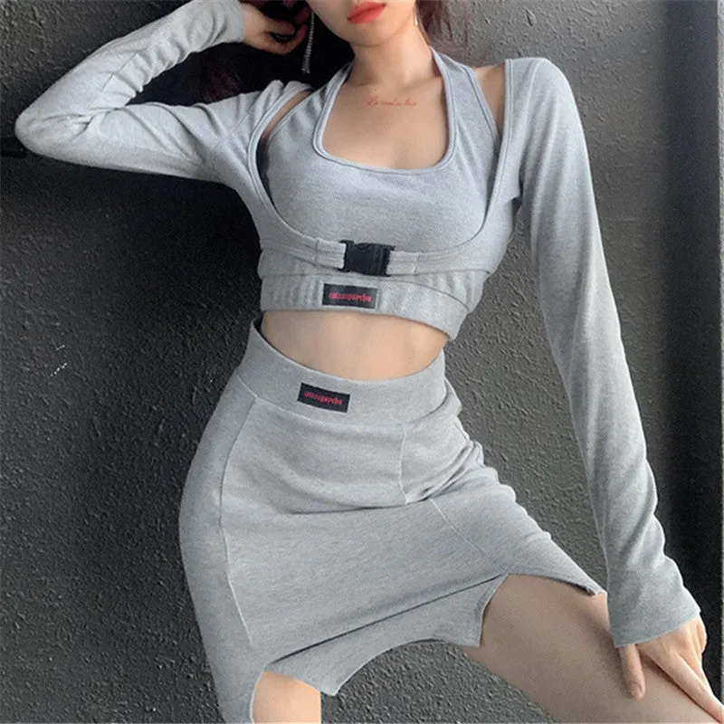 Letter print baggy buckled umbilical cord 3 pc set T-shirt vest Skirt Street Hipster