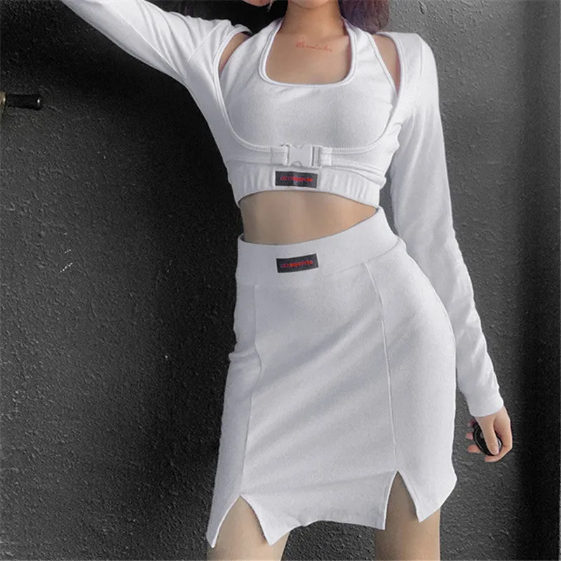 Letter print baggy buckled umbilical cord 3 pc set T-shirt vest Skirt Street Hipster