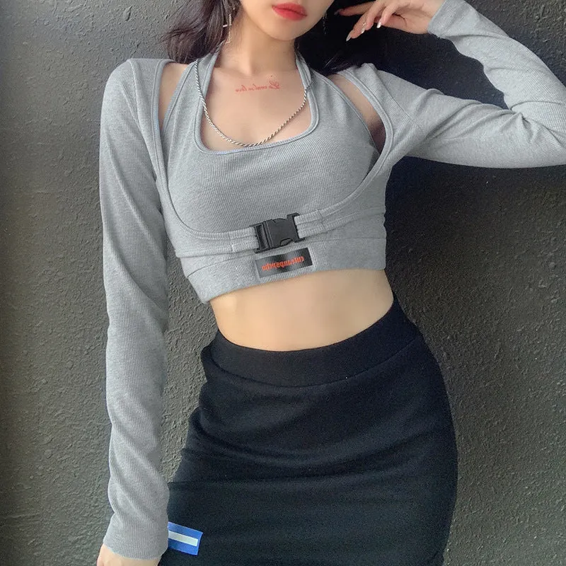 Letter print baggy buckled umbilical cord 3 pc set T-shirt vest Skirt Street Hipster