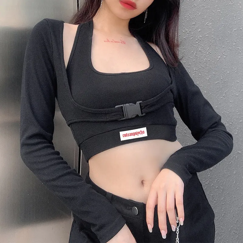 Letter print baggy buckled umbilical cord 3 pc set T-shirt vest Skirt Street Hipster