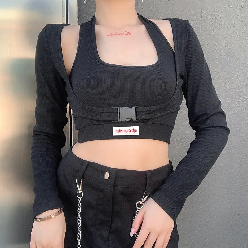 Letter print baggy buckled umbilical cord 3 pc set T-shirt vest Skirt Street Hipster