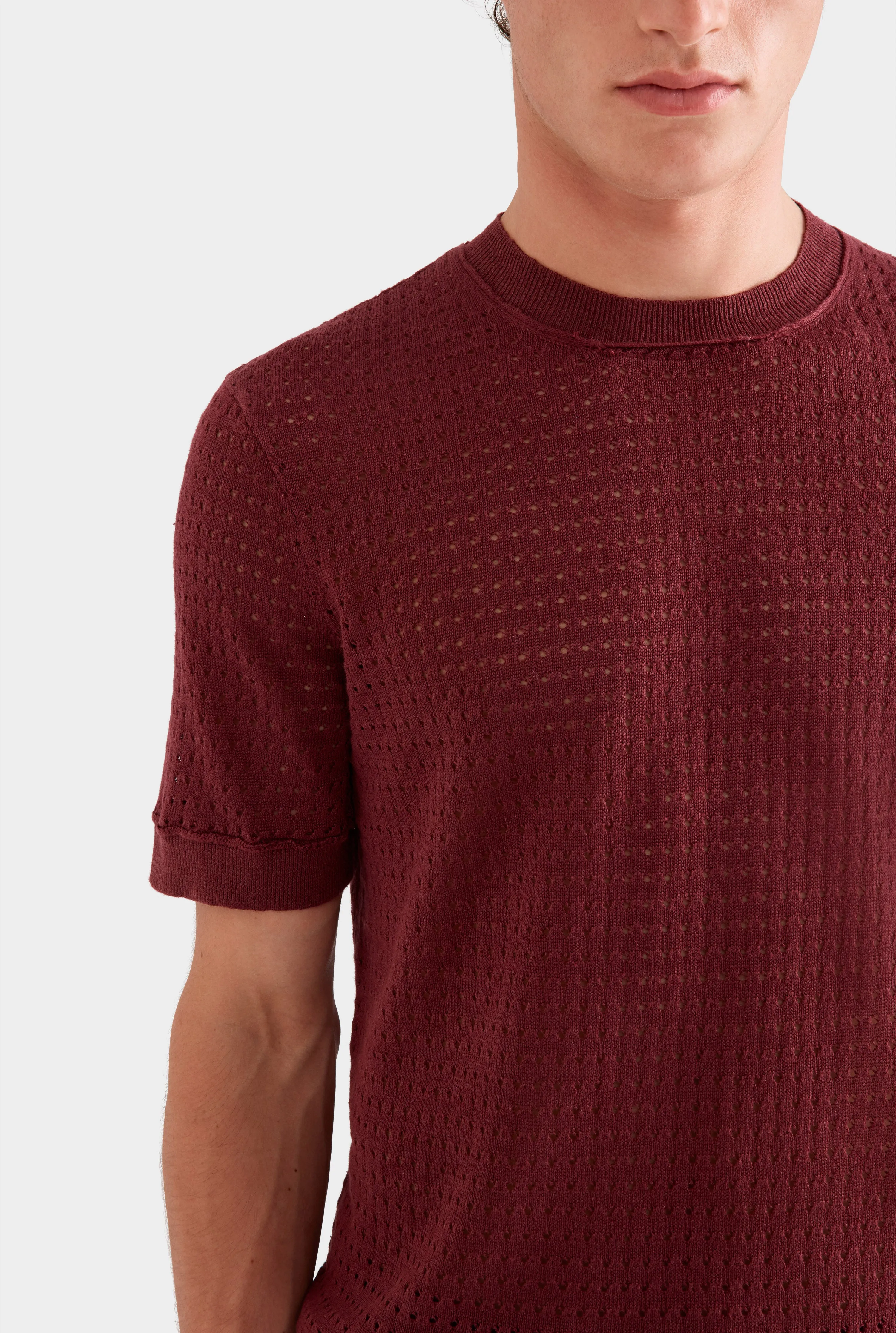 Linen Raw Edge Detail Knit T-Shirt -  Port Wine