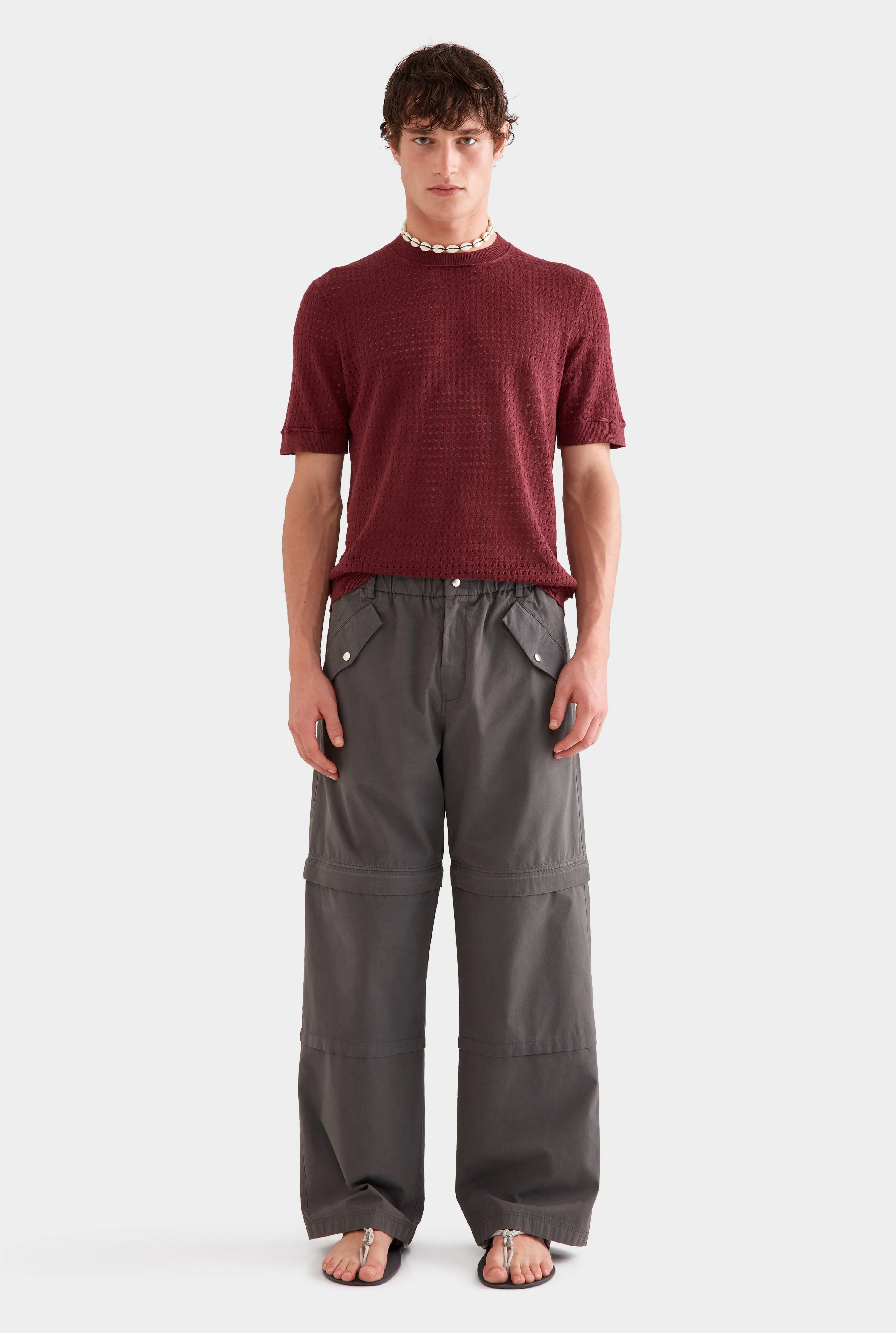 Linen Raw Edge Detail Knit T-Shirt -  Port Wine