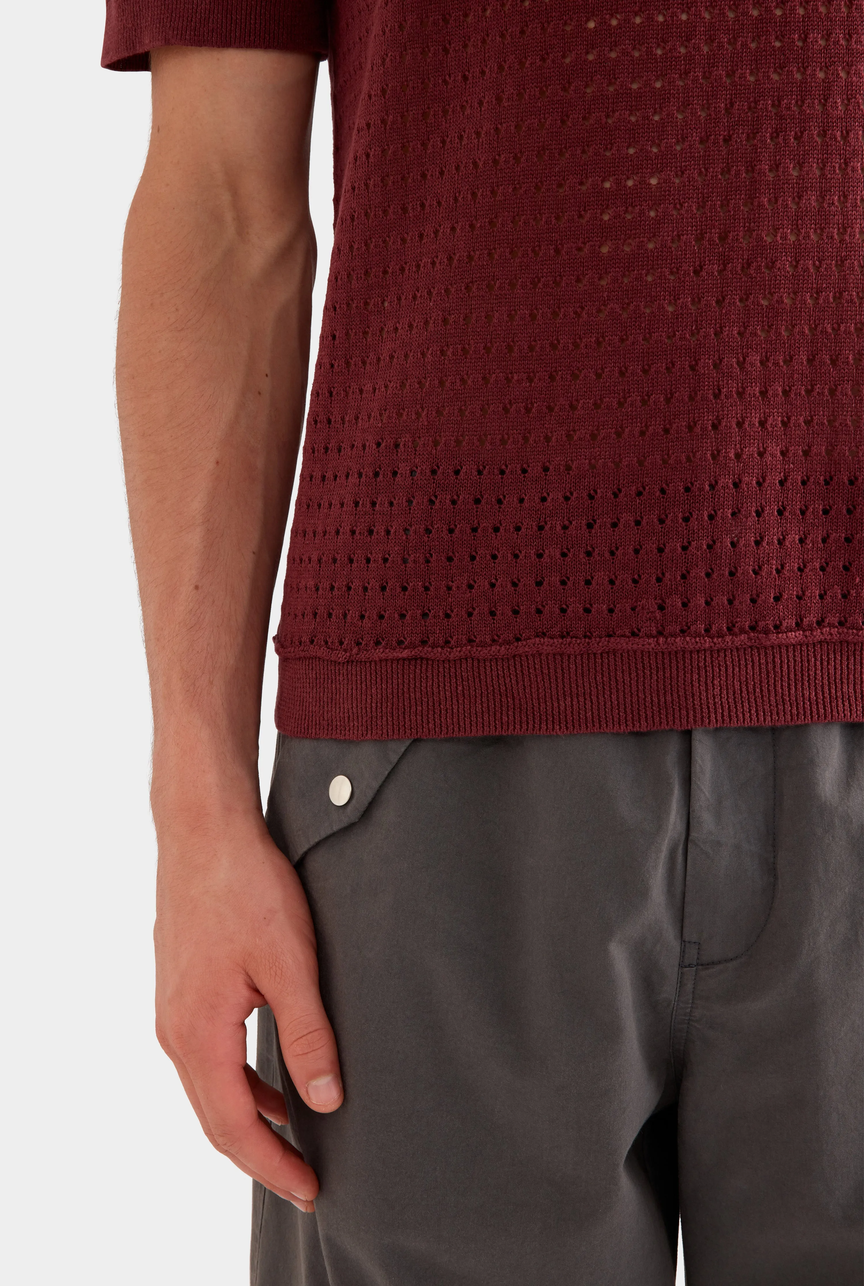 Linen Raw Edge Detail Knit T-Shirt -  Port Wine