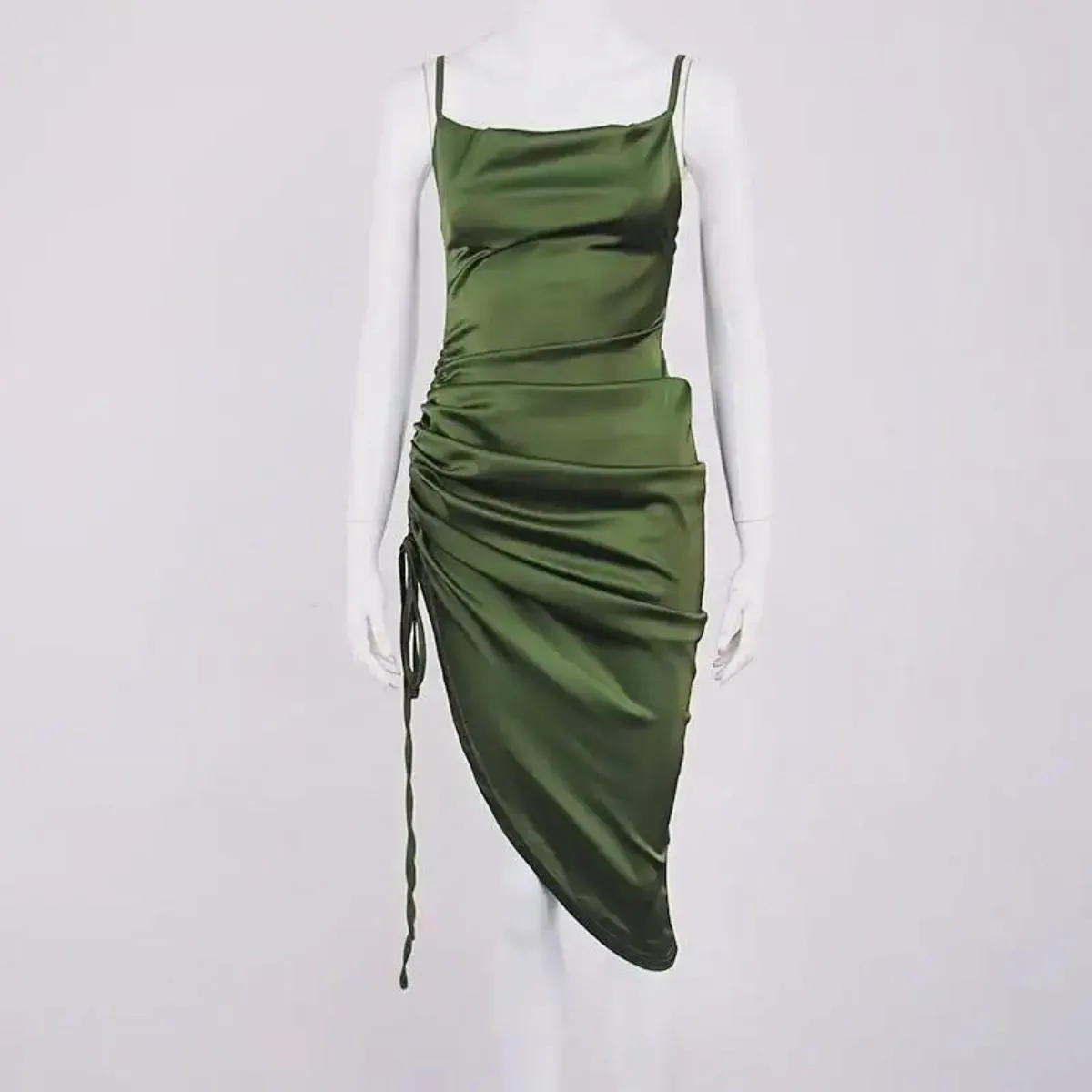 Luexco Satin Bodycon Party Dress Drawstring Spaghetti Strap