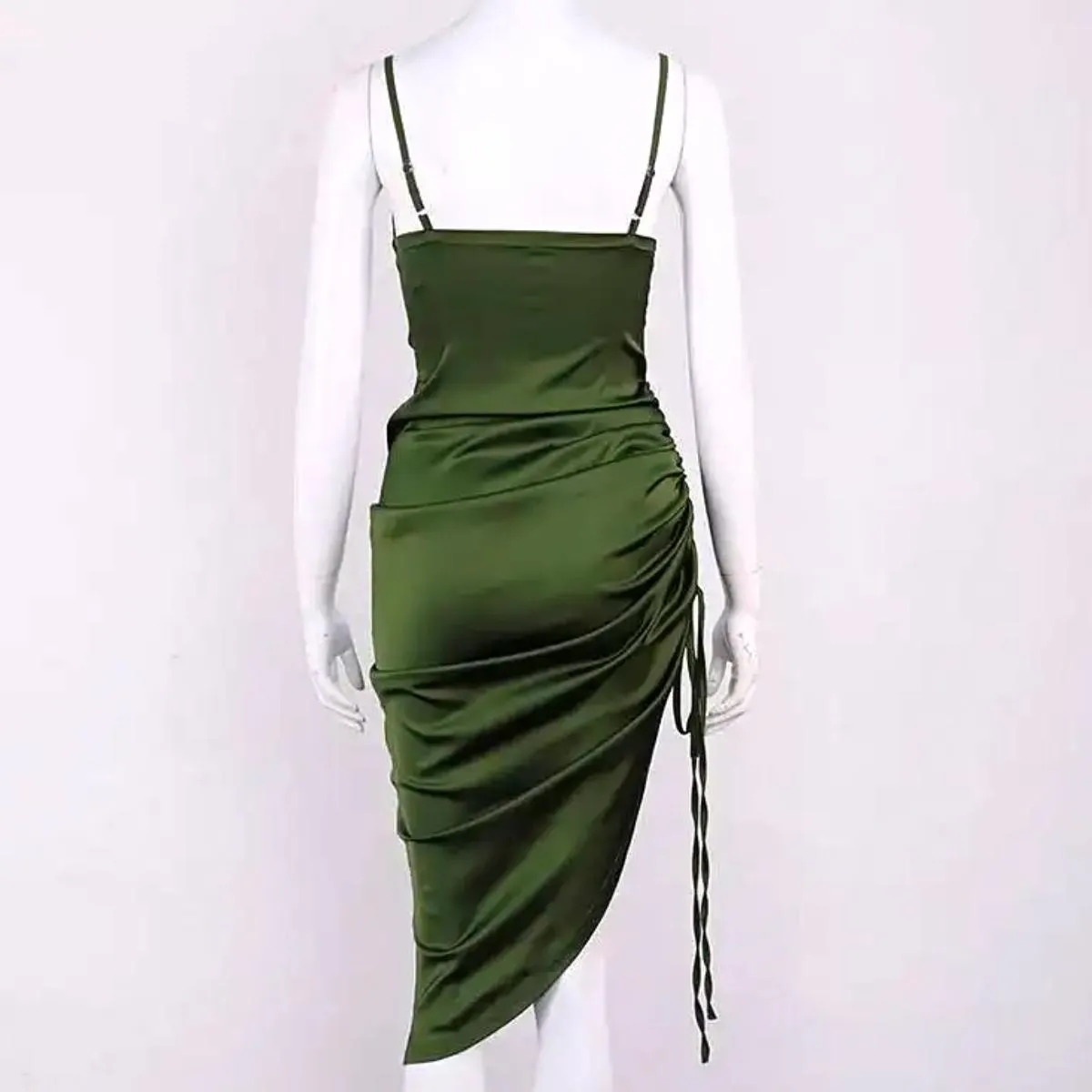 Luexco Satin Bodycon Party Dress Drawstring Spaghetti Strap