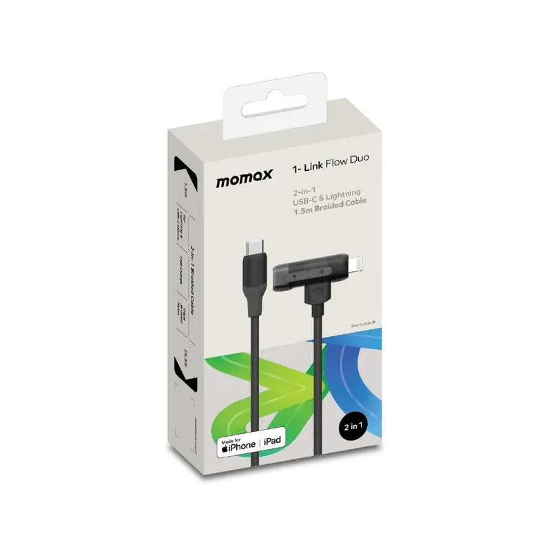 MOMAX 1 Link Flow Duo 2-IN-1 USB-C to USB-C   Lightning Braided Cable 1.5m - Black