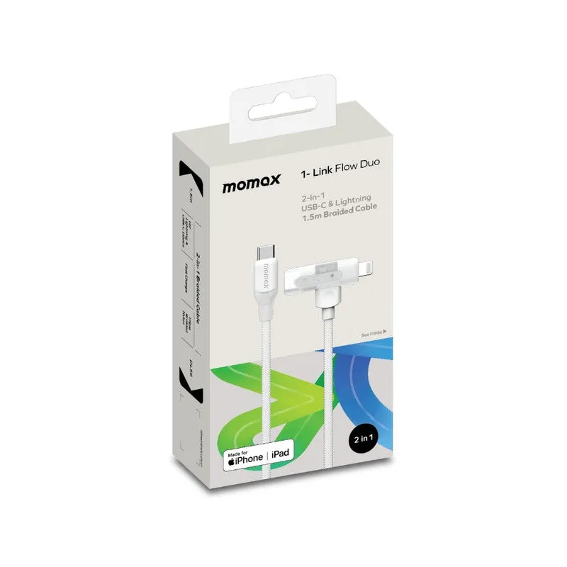 MOMAX 1 Link Flow Duo 2-IN-1 USB-C to USB-C   Lightning Braided Cable 1.5m - White