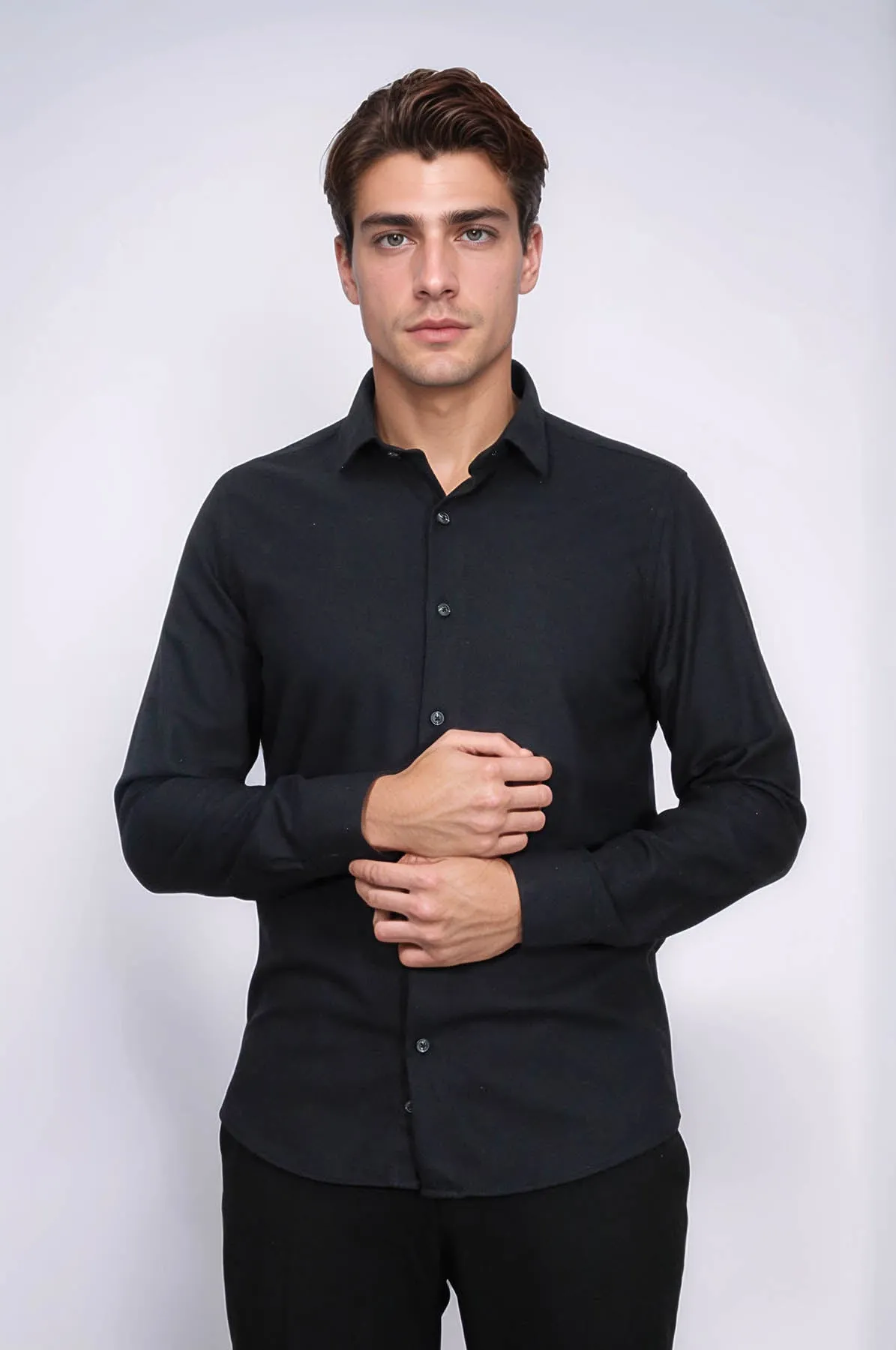 Plain Slim Fit Black Men Lumberjack Shirt - Wessi