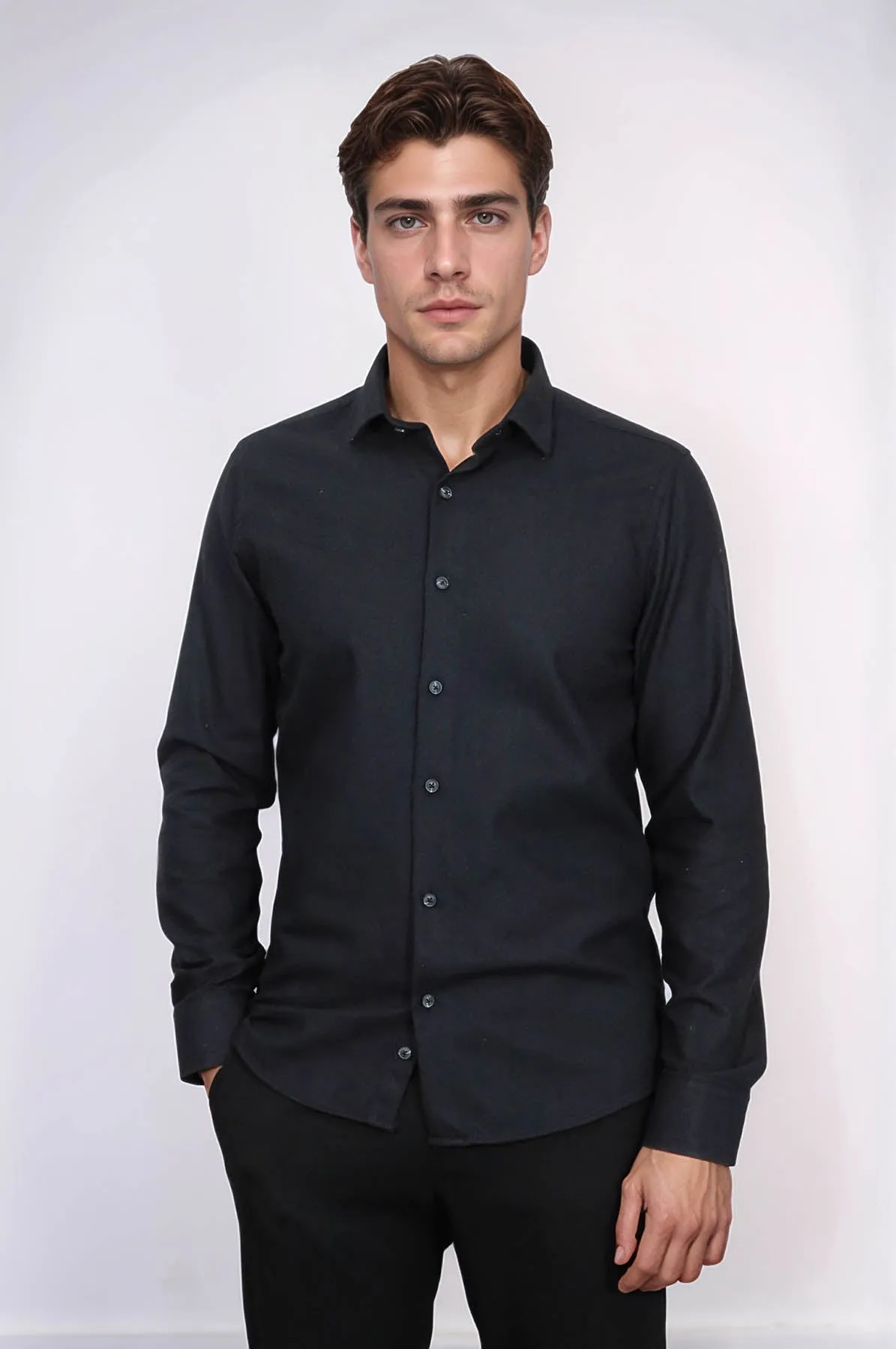 Plain Slim Fit Black Men Lumberjack Shirt - Wessi