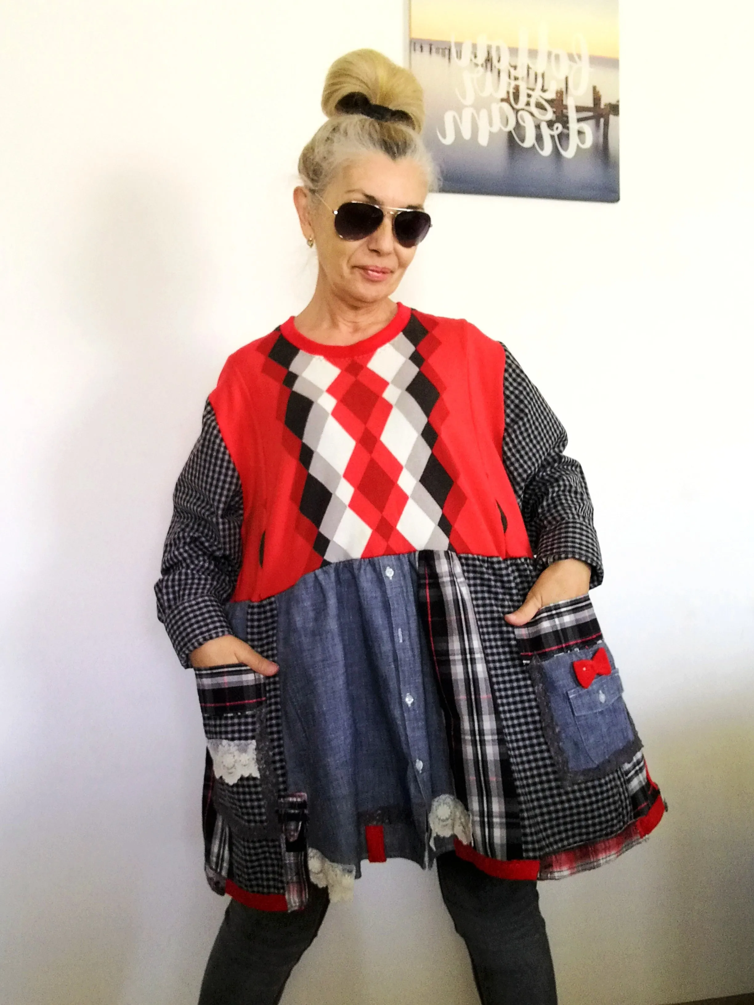 Plus Size Sweater Dress 2XL Red Cotton Shirtdress