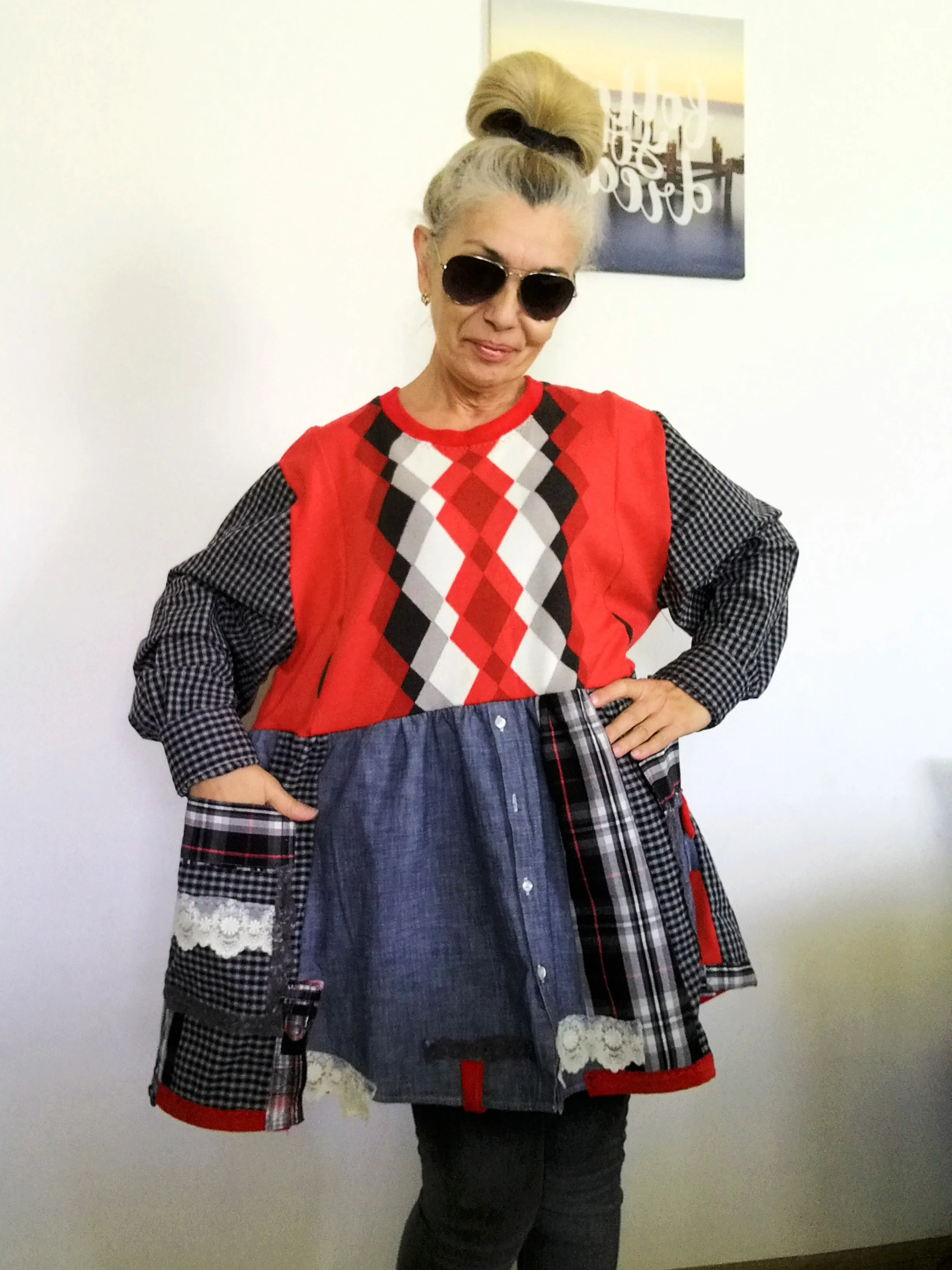 Plus Size Sweater Dress 2XL Red Cotton Shirtdress