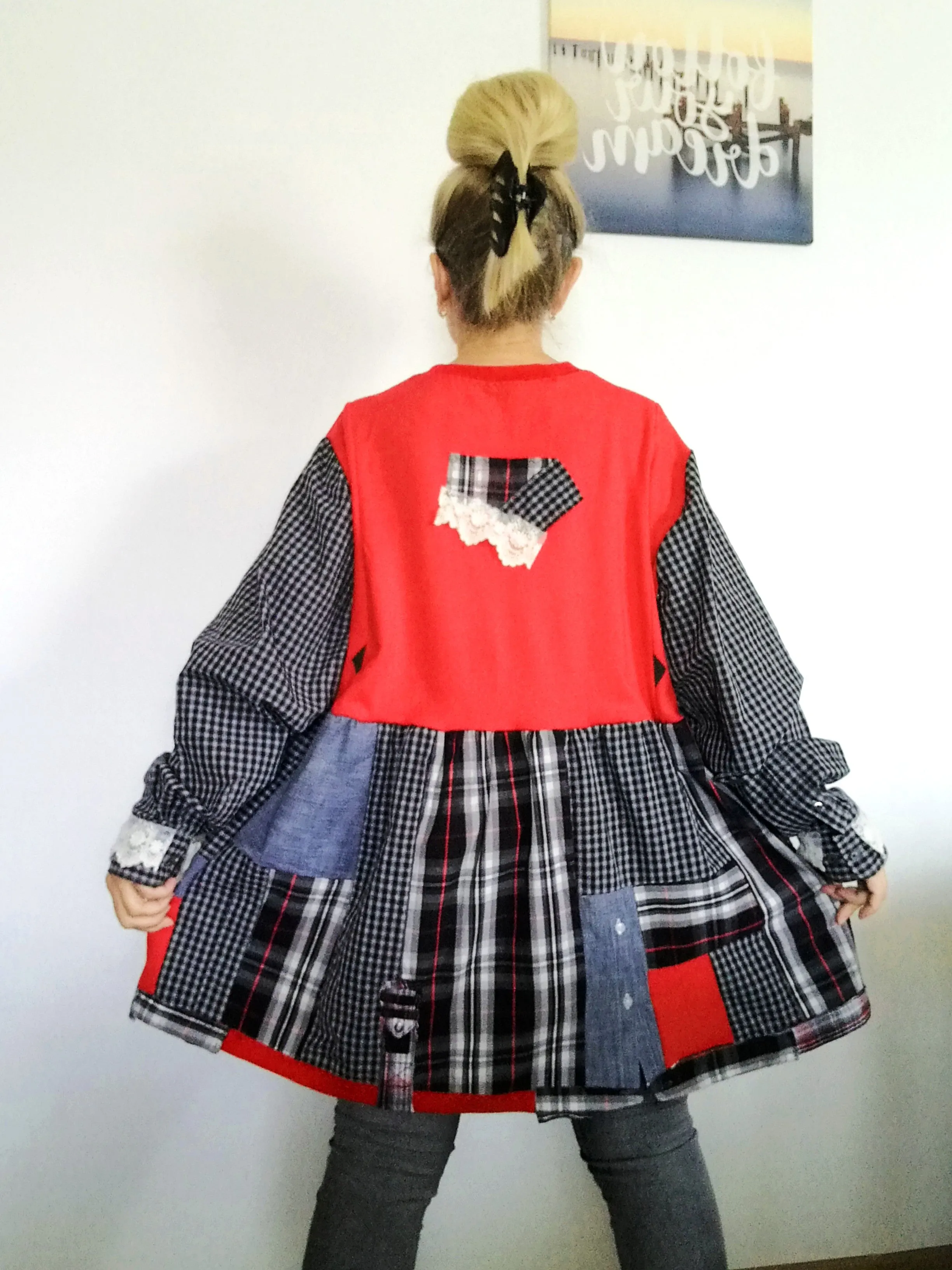 Plus Size Sweater Dress 2XL Red Cotton Shirtdress