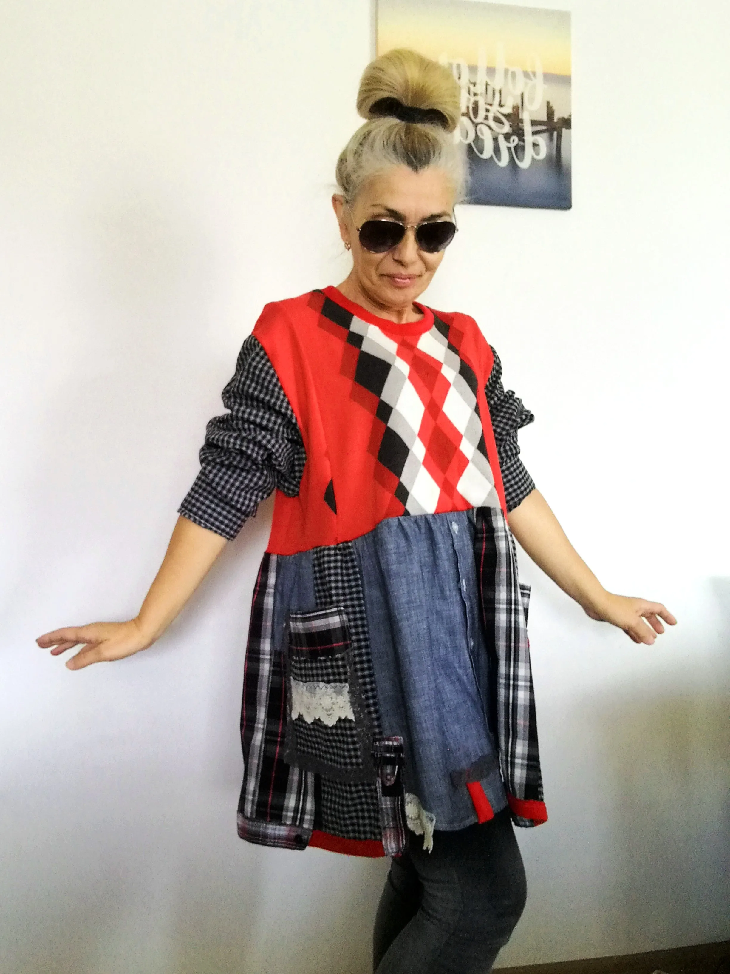 Plus Size Sweater Dress 2XL Red Cotton Shirtdress