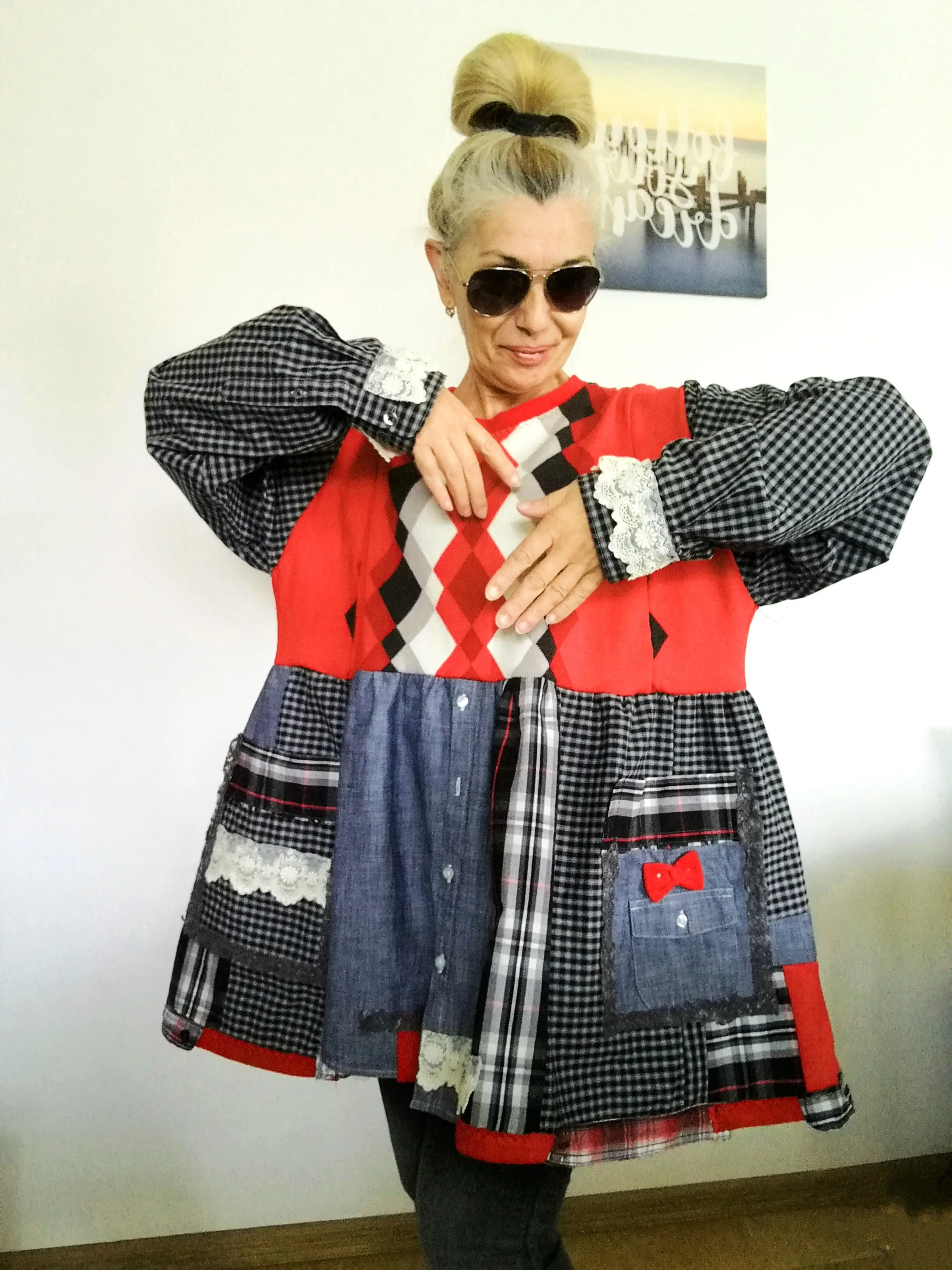 Plus Size Sweater Dress 2XL Red Cotton Shirtdress