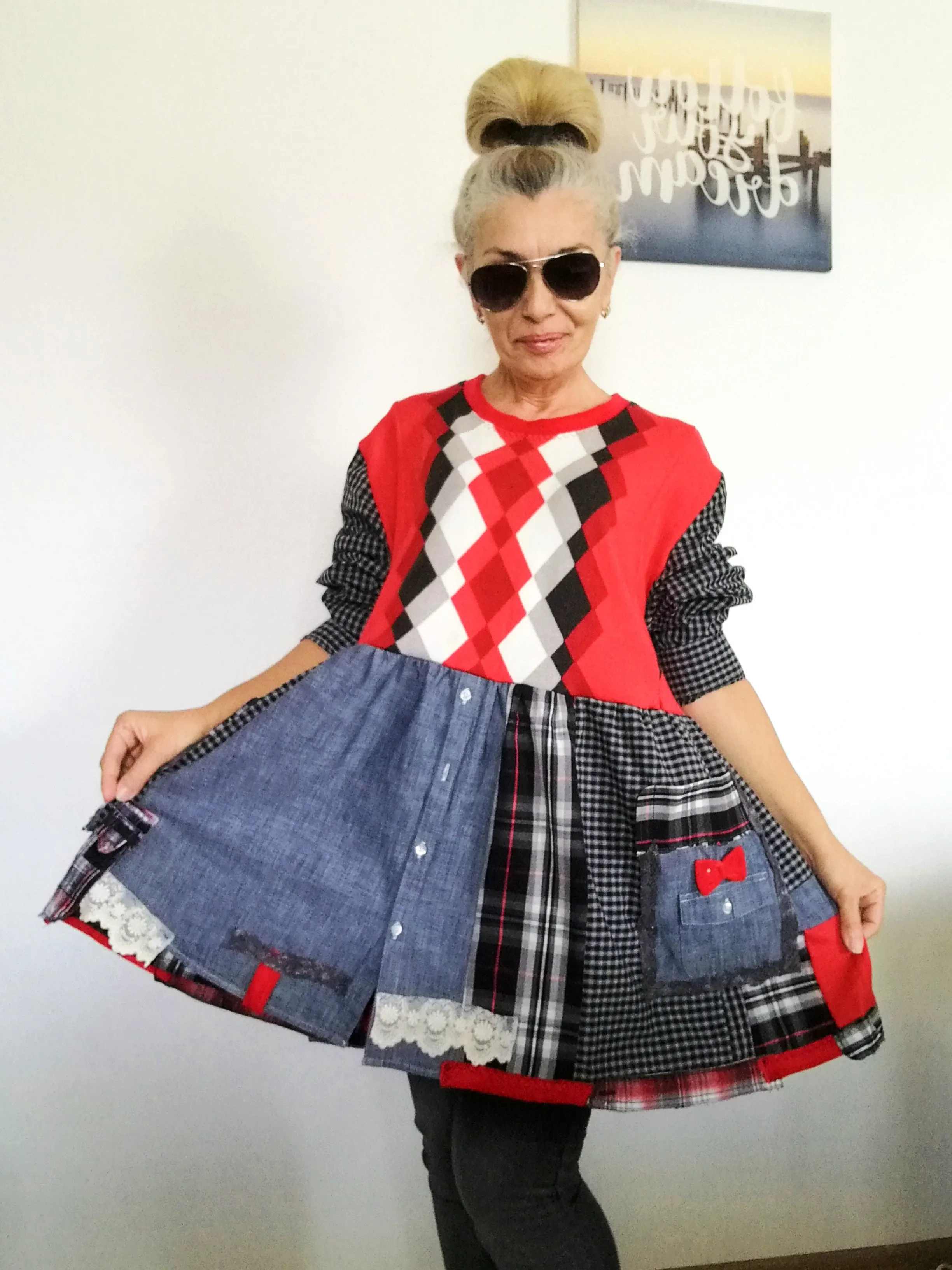 Plus Size Sweater Dress 2XL Red Cotton Shirtdress
