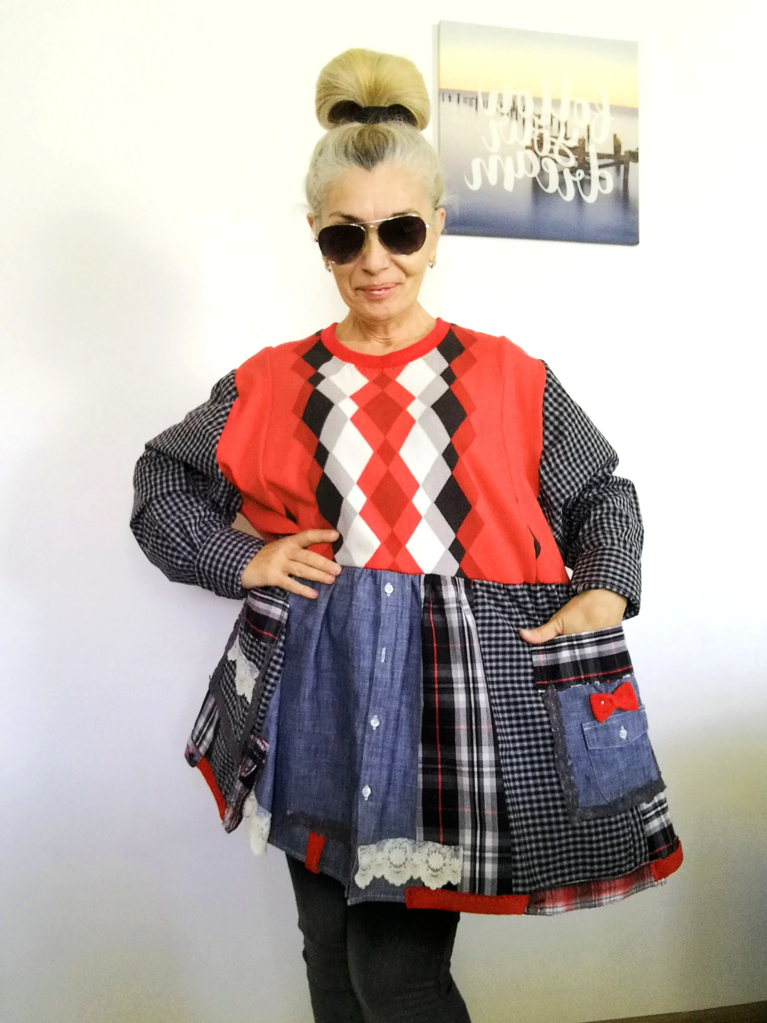 Plus Size Sweater Dress 2XL Red Cotton Shirtdress