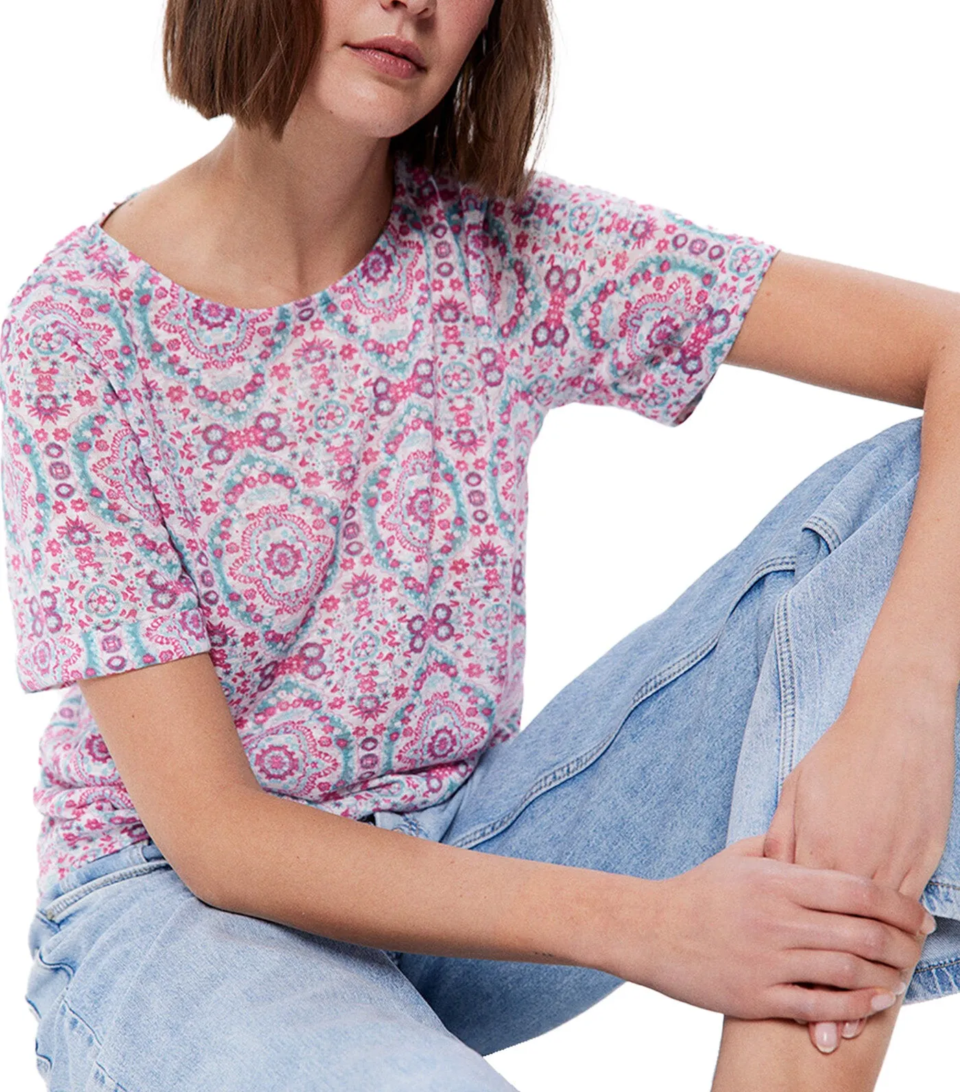 Printed Linen Effect T-shirt Pink