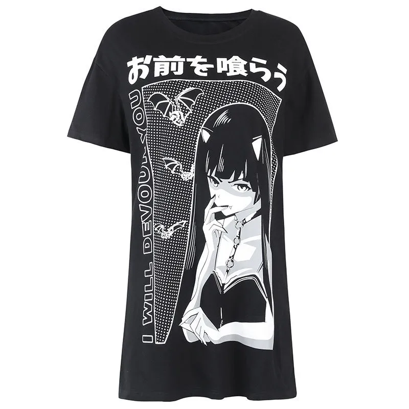 Punk hippie style vampire bats anime girl prints long Tee women tunic gothic streetwear T shirt mini dress