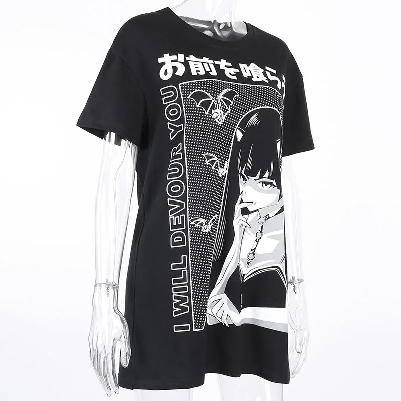 Punk hippie style vampire bats anime girl prints long Tee women tunic gothic streetwear T shirt mini dress