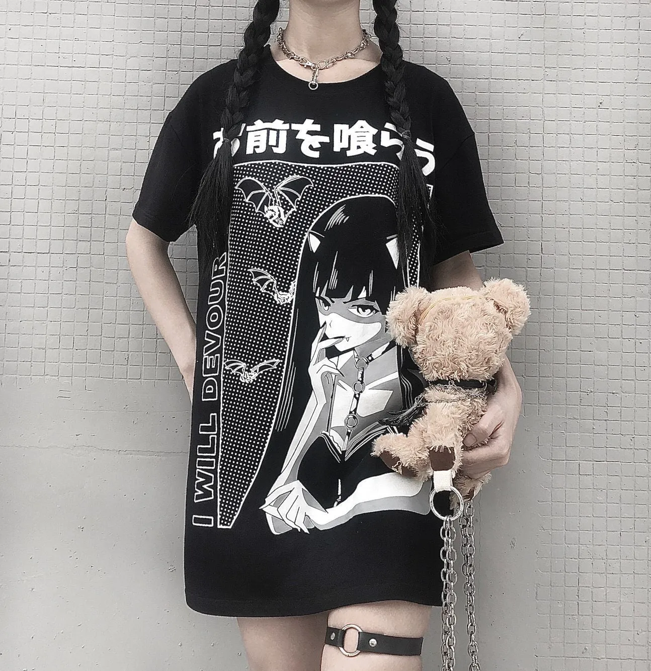 Punk hippie style vampire bats anime girl prints long Tee women tunic gothic streetwear T shirt mini dress