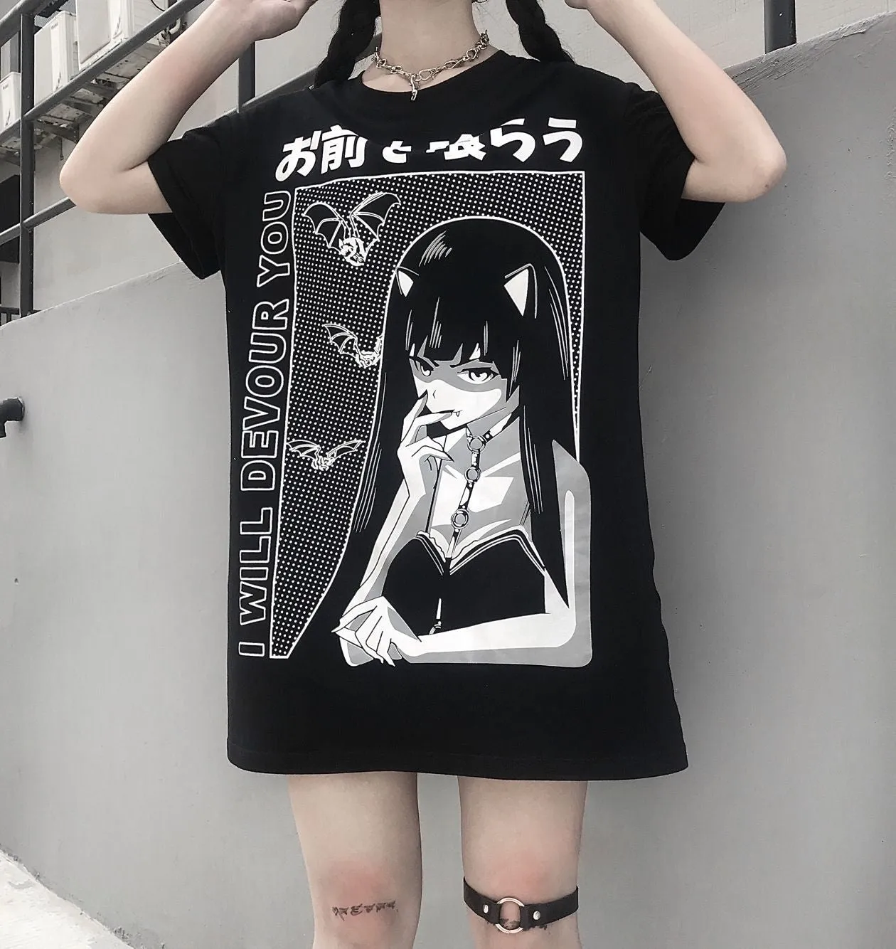 Punk hippie style vampire bats anime girl prints long Tee women tunic gothic streetwear T shirt mini dress