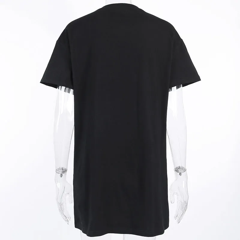 Punk hippie style vampire bats anime girl prints long Tee women tunic gothic streetwear T shirt mini dress