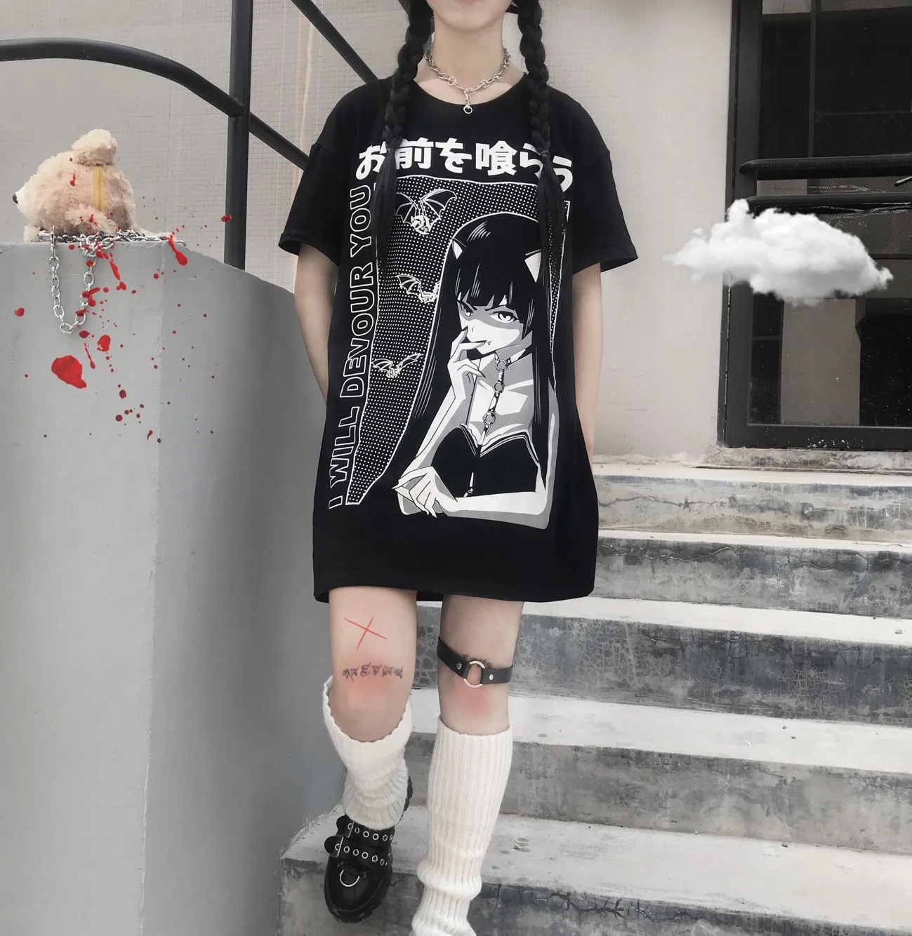 Punk hippie style vampire bats anime girl prints long Tee women tunic gothic streetwear T shirt mini dress