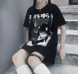 Punk hippie style vampire bats anime girl prints long Tee women tunic gothic streetwear T shirt mini dress