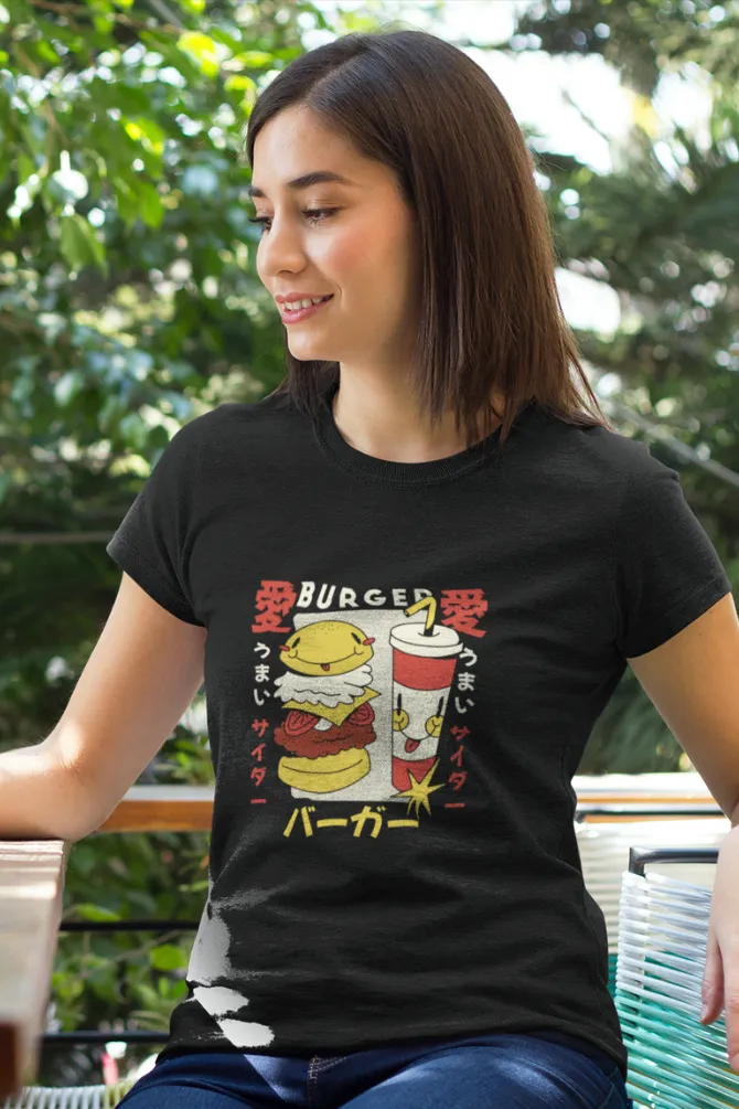 Retro Burger Soda Printed T-shirt for women