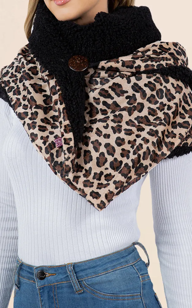 SA4280 Leopard Pattern Fur Trim Buckle Warmer Scarf