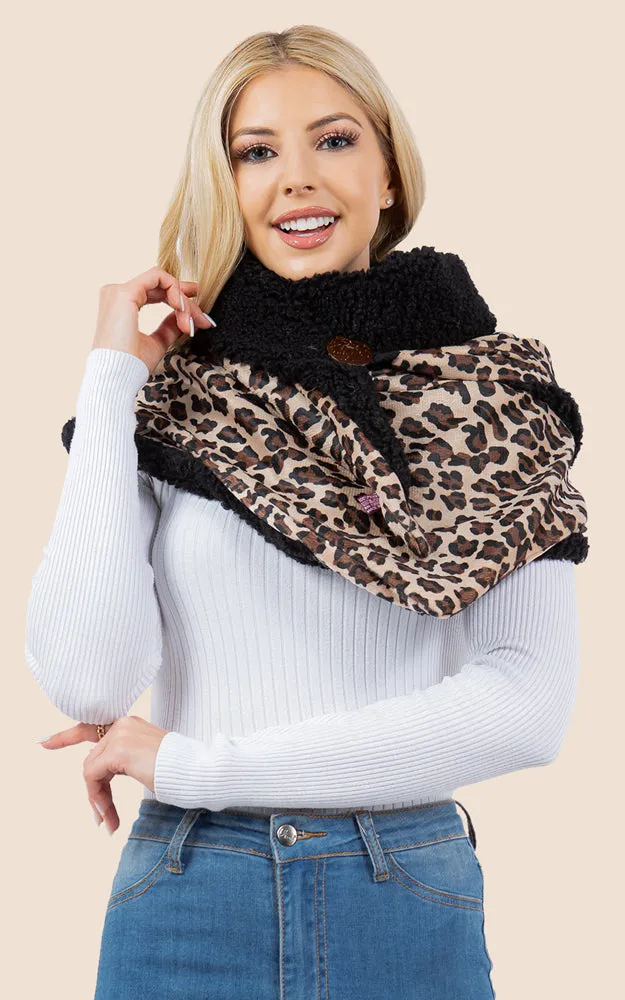SA4280 Leopard Pattern Fur Trim Buckle Warmer Scarf