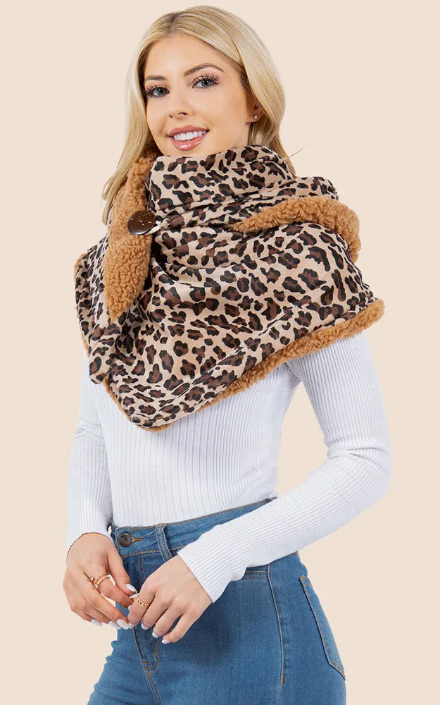 SA4280 Leopard Pattern Fur Trim Buckle Warmer Scarf