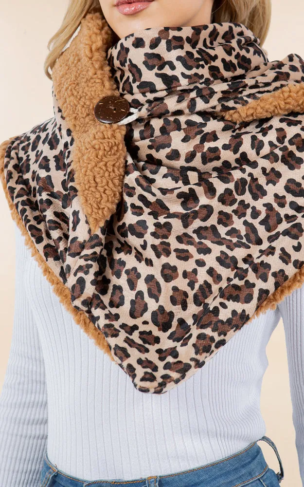 SA4280 Leopard Pattern Fur Trim Buckle Warmer Scarf