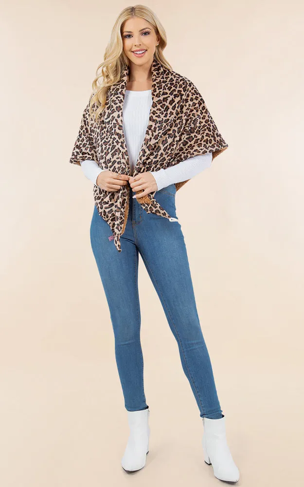 SA4280 Leopard Pattern Fur Trim Buckle Warmer Scarf