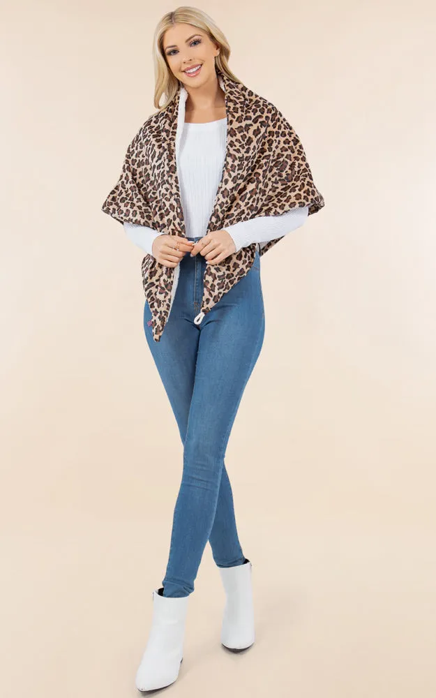 SA4280 Leopard Pattern Fur Trim Buckle Warmer Scarf