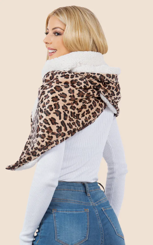 SA4280 Leopard Pattern Fur Trim Buckle Warmer Scarf