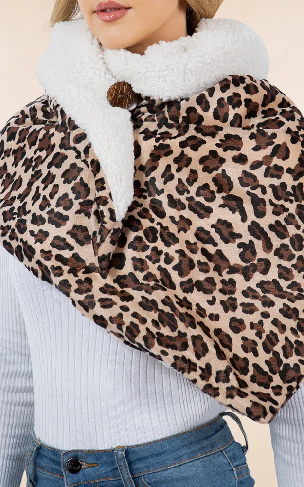 SA4280 Leopard Pattern Fur Trim Buckle Warmer Scarf