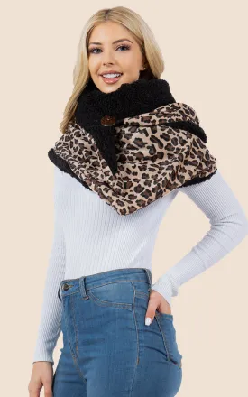 SA4280 Leopard Pattern Fur Trim Buckle Warmer Scarf