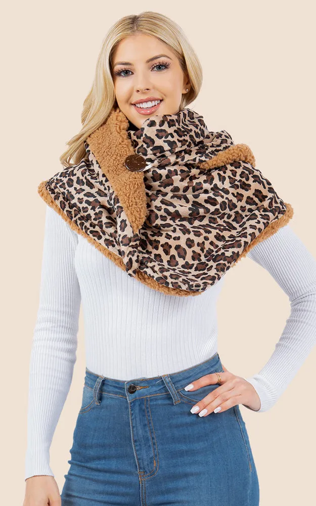 SA4280 Leopard Pattern Fur Trim Buckle Warmer Scarf